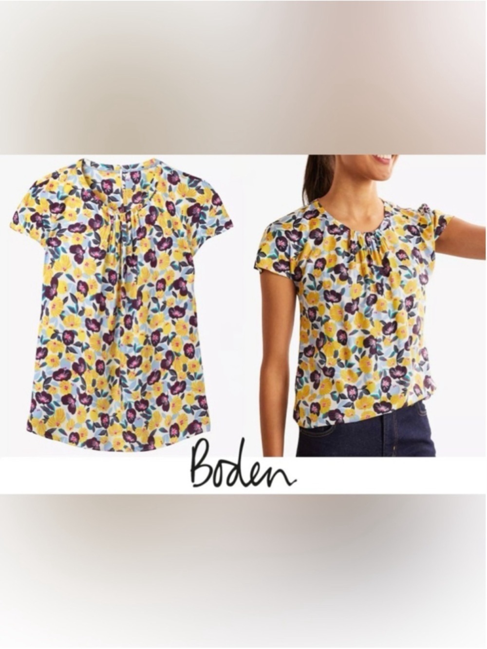 Boden Yellow Floral Cap-Sleeve Blouse with Purple & Blue Flowers #5